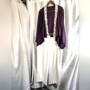 2 Pc: Crop Pant Suit: Ivory Working Classics Crop Pants+Purple Sweater/Lace, 26